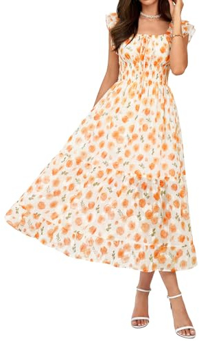 GRACE KARIN Women's Floral Summer Dress, Elegant Ruffle Sleeves Wedding Guest Dress, Elastic Waist A Line Midi Dresses M Orange Roses