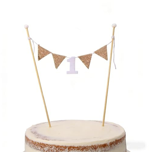 1st Birthday Cake Topper - Natural Material Linen Bamboo Decor with Removable Photo Frame - Adjustable Depth for Any Cake Size - Perfect for Baby's First Birthday Party