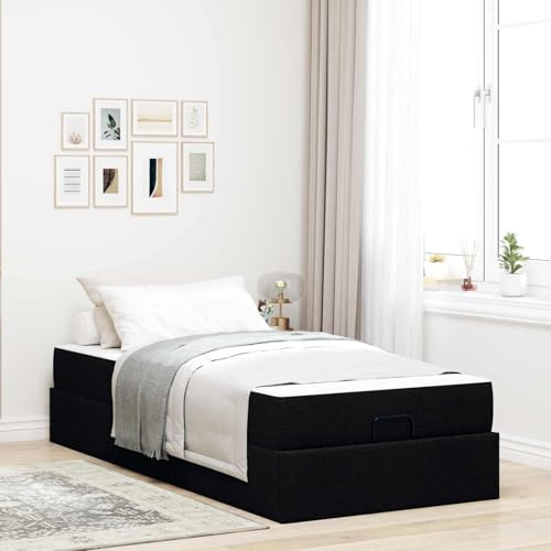 QUAHEAS Modern sängram med madrass, 80 x 200 cm, svart tygöverdrag, förvaringslådor, smal enkelsäng, komfortskummadrass för sovrum
