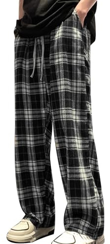 Pantalon à carreaux pour homme - Pantalon de jogging baggy en coton - Pantalon de loisirs - Jambes longues et larges - Pantalon de pyjama avec poches - Cordon de serrage réglable - Pantalon de pyjama