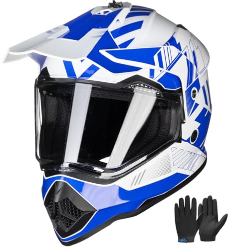 ILM Bambino Casco Motocross con Visiera Guanti ATV Off Road Go Kart ECE22.06 DOT Modello WS-906,Blu Bianco,M
