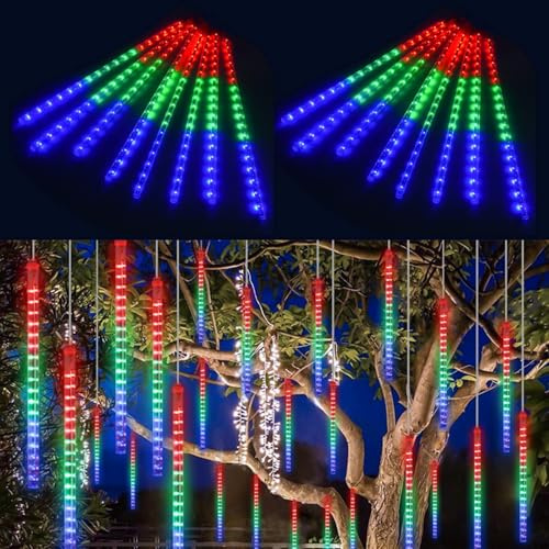 AVANLO Solar Lichterkette Außen, 2 x 5M LED Eiszapfen Lichterkette Aussen, Gesamt 16 Röhren, IP44 Wasserdicht Meteorschauer Lichterketten für Weihnachten, Halloween, Garten, Innenhof (RGB)