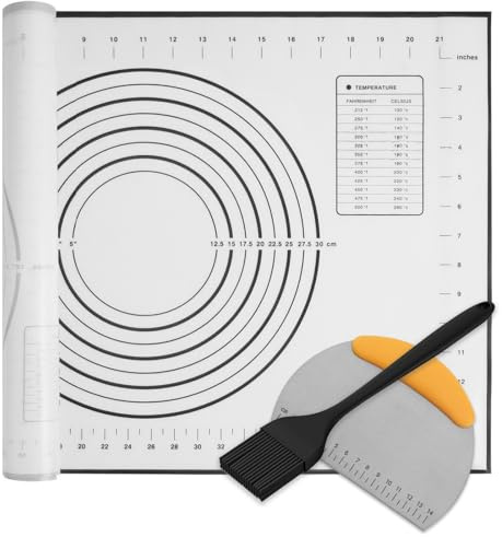 Silicone Pastry Baking Mat with Measurements Extra a Brush and Stainless Steel Scraper Dough Cutter, Baking Supplies Set for Bread, Cookies, Pizza, Fondant...19.7''X15.7'' Pastry Mat for Rolling Dough