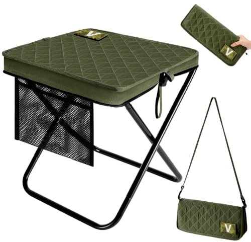 Tabouret Pliant Portable Grande Taille 34 x 38 x 40 cm, Tabouret Pliable 2-en-1 avec Poche, Vert Olive
