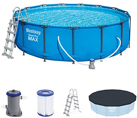 Bestway Steel Pro Max 457x122 cm, stabiler Frame Pool rund im Komplett Set, inklusive Filterpumpe, Sicherheitsleiter und PVC-Abdeckplane