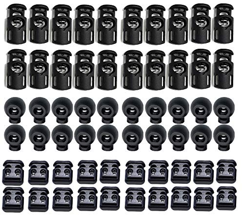 60 Stück Kordelstopper Schwarz Gummi, Kordelklemme für Seile Endfeder Toggle Stopper Slider, 40 Stück Kordelstopper 8mm Loch, 20 Stück Kordelstopper 5mm 2 Loch