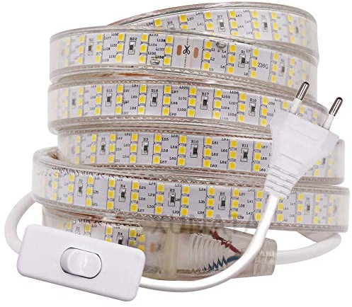 XUNATA Super Luminoso Striscia LED con Interruttore, 220V SMD 2835 276 LEDs/m, IP65 Impermeabile, Flessibile Striscia a LED per Scaletta Tetto Cavi da Cucina Decorazione- 1m, Bianco Caldo