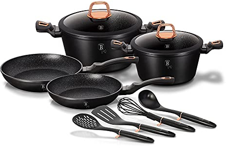 Berlinger Haus Black Rose Induction Cookware Set of 10 Pieces, Non-Stick Marble PFOA Free, Aluminium, Set of 2 Casseroles, 2 Glass Lids, 2 Pans, 4 Utensils, Modern Design, Ceramic, Gas