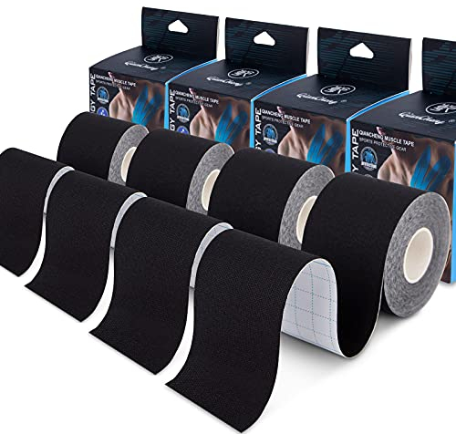 4 Pack Kinesiology Tape for Sports Athletes - 16 FT Waterproof Athletic Tape for The Knee, Elbow and Shoulder Muscles, etc.(5m X 5cm) (Black)