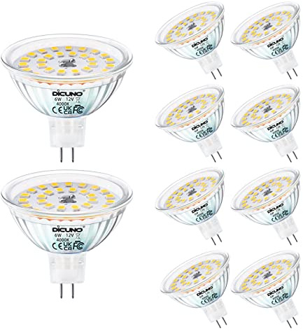 DiCUNO MR16 GU5.3 LED Bulbs, 12V, 6W=70W, Natural White 4000K, 580LM, 10Pcs | GU5.3 Spotlight Bulb, 70W Halogen Equivalent, Non-Dimmmable, 120° Beam Angle, GU5.3 Bi-Pin Base Track Light