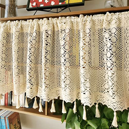 Handmade Crochet Valances Window with Tassel, 45x150cm Beige Pastoral Curtain Privacy Protected Valances for Living Room, Cotton Linen Bistro Coffee Kitchen Curtains, Rod Pocket Short Valance