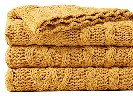 BATTILO HOME Marineblaue für Couch, Bett, 130 x 170 cm, Zopfstrick-Überwurfdecke, gewebte Chenille-Überwurfdecken, warme atmungsaktive Decke, strukturierte Überwurfdecke (Ingwerfarbe) | Gelber Chenille-Strick-Überwurf, weich, warm, gemütlich, dekorative Bettdecke, gelbe Sofaüberwürfe