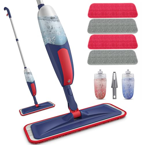 Microfibre Spray Mops for Cleaning Floors - BPAWA Flat Floor Mop with Spray Wet Dry Use for Hard Wood Laminate Wooden Tile Vinyl Flooring, Dust Mop with 2x 550ML Bottles and 4x Reusable Washable Pads