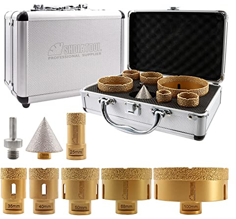 SHDIATOOL Diamantbohrer Fliesenbohrer Set M14 25/35/40/50/68/100mm | Diamant Bohrkrone mit 50mm Fasenbohrer, Adapter für Porzellan Fliesen Keramik Granit Marmor