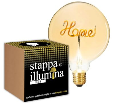 Stappa e illumina BULB Standard + lampadina Led HOME da utilizzare senza paralume Per bottiglie con foro da 15 a 22 mm - Trasforma Bottiglie in lampade in 30 Secondi, Portalampada per bottiglia.