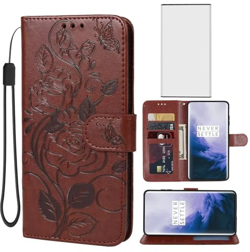 Yerebel Funda para OnePlus 7 Pro, GM1910 funda tipo cartera con protector de pantalla de vidrio templado, funda protectora de piel con tapa para tarjetas de crédito, soporte para teléfono para OnePlus