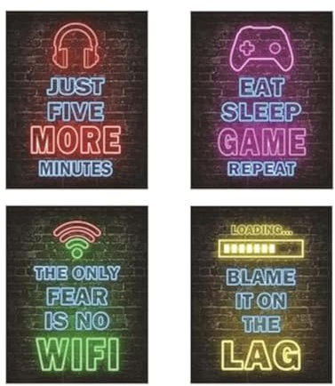 AIYONG 4 Stück Gaming Zimmer Deko Bilder, Poster Wand für Gamer Jugendzimmer, Neon Wandbild, Kunstdruck Wandbilder, Gamepad Gaming Deko Design, Wandbilder für Playstation Zimmer Schlafzimmer Deko