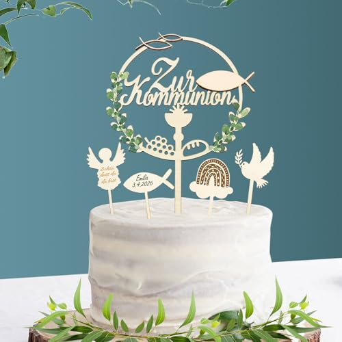 Tortendeko Kommunion Holz, Wentsent 5 Stück Cake Topper Kommunion Fische Engel Taube Kreuz Kuchen Deko Torte Tortenstecker Set für Erstkommunion Kuchendeko Junge Mädchen