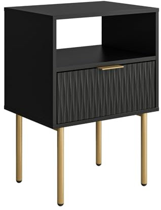 HEYZOEY Nachttisch, Nachtschrank mit 1 offenen Ablagen und 1 Schublade, Modern Nachtkästchen, Nachtkommode für Wohnzimmer, Schlafzimmer, Schwarz und Gold