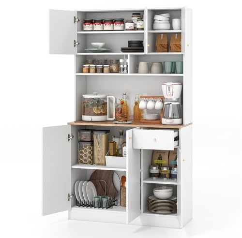 GOPLUS Meuble de Rangement avec Station de Charge, 4 Armoire&Tiroir Coulissant, 3 Niveaux Étagères Réglables, Buffet de Cuisine Haut avec 2 Prises,1 Ports USB 1 Type Cpour Cuisine, Blanc (Blanc)