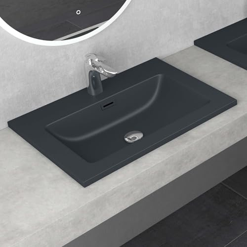 Mai & Mai Waschbecken 60x48x14cm Einbauwaschbecken aus Mineralguss | Waschtisch Einbauwaschtisch matt Anthrazit Rechteckig 1 Armaturenloch Überlauf-Funktion Colossum02