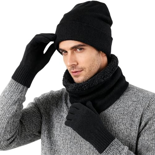 Connectyle Winter Hat Scarf and Touchscreen Gloves Set for Men Women Fleece Lined Knit Beanie Neck Warmer Loop Scarf Black