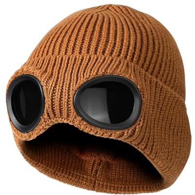 TAGVO Winter Warme Strickmütze, Winddichte Thermo Weiche Fleecefutter Skifahren Wandern Laufen Mütze mit Abnehmbarer Schutzbrille, Slouchy Thick Skull Cap für Männer Frauen Erwachsene Outdoor Sport
