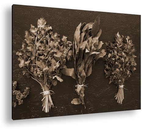 deyoli Drei Bündel Kräuter, sattes Grün auf dunklem Grund – Natur pur, gebändigt und doch wild. Format: 80x60 cm Effekt:Sepia als Leinwandbild, Motiv auf Echtholzrahmen, Hochwertiger Digitaldruck