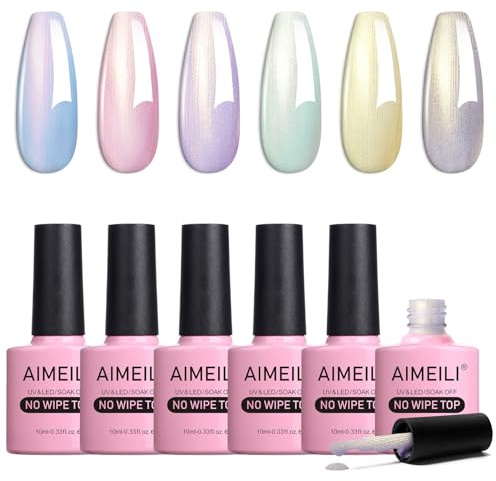 AIMEILI Capa Superior de Brillo de Perlas Esmalte en Gel,6 Botellas 10ml destellar para uñas, Sin crueldad Vegano UV LED Gel de arcoíris con brillo para uñas, Fácil de usar, Set 76