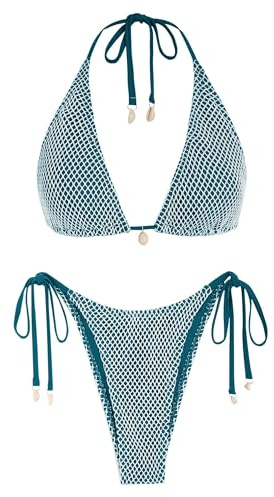 ZAFUL Damen Triangle-Bikini-Set mit Fischnetz – Multiway Neckholder/Bandeau Tie-Side Sexy Cheeky Zweiteiliger Badeanzug Bademode (DunkelGrün,S)