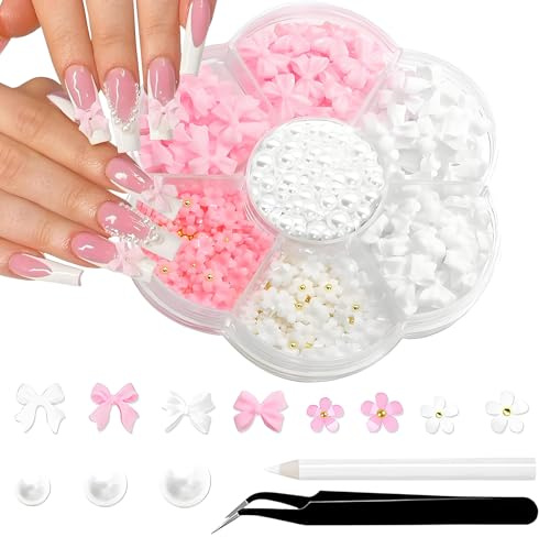jatimdotin Nail Art Dekoration, 3D Blumen und Schleifen mit Pinzette | Nail Art Perlen für Nägel, Gesicht und Handwerk, sechs Fächer, mehrere Farben und Perlengrößen, flache Rückseite