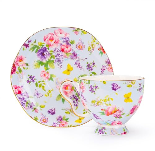 LJIMICAORO Set di tazze da tè e piattini da 7 once Set di tazze da tè floreali in porcellana Bone China Tazze da tè Tazza da tè per tè da donna mamma