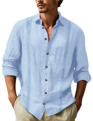 Volemo Mens Shirts Long Sleeve Cotton Linen Shirt Casual Holiday Beach Summer Tops Blue XXL