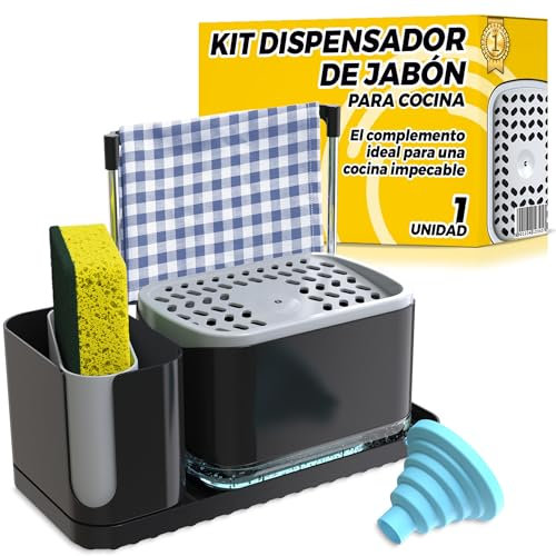 Dispenser Sapone Cucina – Dispenser Sapone Cucina con Porta Spugna- Organizer Lavello con Dosatore, Porta Spugna e Spazzola Lavapiatti Multifunzionale - 1
