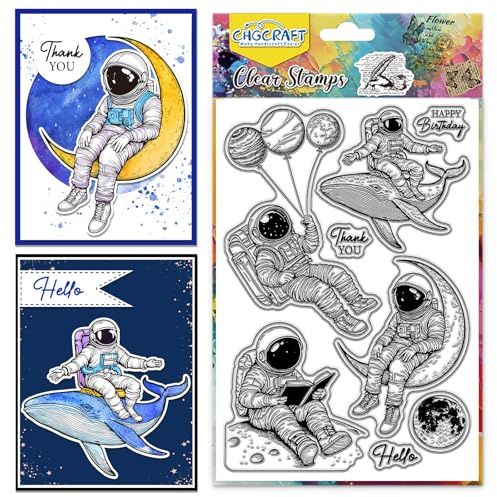 CHGCRAFT Astronaut Clear Stempel Universum Transparente Briefmarken Wal Silikon Stempel Siegel für DIY Scrapbooking Fotoalbum Dekoration, 4,3x6,3 Zoll