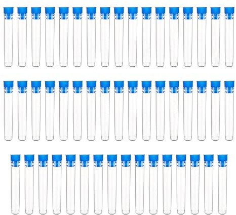 HUAZIZ 50 piezas de tubos de ensayo de plástico, tubos de ensayo de muestra de plástico, tubos de regalo con tapas azules, tubos de ensayo vacíos, 16 x 100 mm, tubos de ensayo de plástico de 13 ml