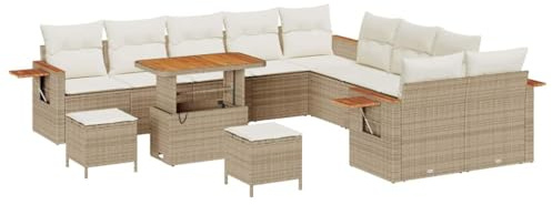 vidaXL 13-delars trädgårdsoff set med kuddar beige poly rattan akaciaträ | Utomhus modulärt sittande UV-beständigt patioset för 6 personer med snygg deck loveseats couch väder två-sits tre