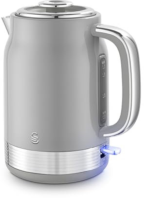 Swan SK19025GRY Retro Jug Kettle, Rapid Boil, Removable Limescale Filter, Easy Pour, 360 Degree Base, Water Indicator Window and Boil Dry Protection 1.7L, 3KW, Grey and Stainless Steel