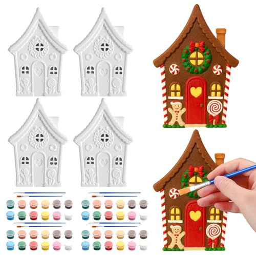 Seenelling 4 Pcs Christmas Ceramic to Paint Crafts DIY Gingerbread House Unpainted Ceramic Make Your Own 3D Christmas Plaster Crafts for Xmas Holidays Party Supplies