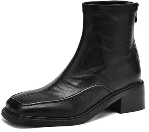 Eestfy Stivali alla Caviglia Donna Punta Quadrata Cerniera Posteriore Ecopelle Tacco Block Corti Stivali Stile Chelsea per Autunno & Inverno Streetwear & Uscita Informale,Nero,39 EU