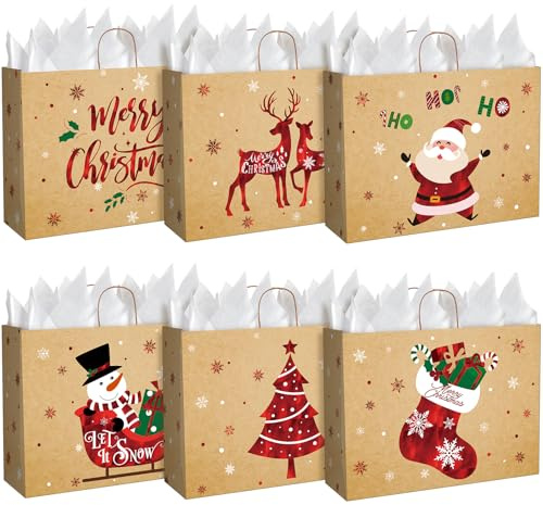Geschenktüten Weihnachten, 12 Stück Extragroßes Weihnachtstüten Papiertüten mit Griff Seidenpapier, Weihnachts Kraft Geschenktaschen, Zur Aufbewahrung von Geschenken, Gebäck, Partyzubehör (50x38x18cm)