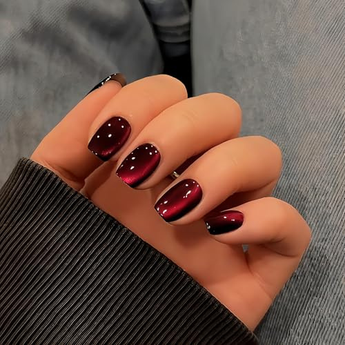 DMQ Red Cat Eye Press on Nails Short, 30Pcs Dark Red Glitter False Nails Square, Sparkly Glitter Soft Gel Fake Nails, Burgundy Goth Bling Stick on Nails with Glue for Women Holiday Decoration