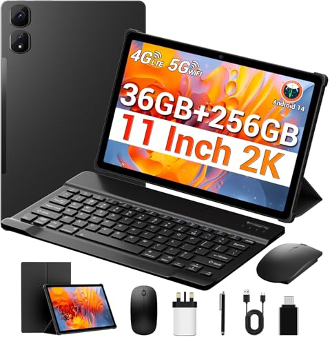 11 Inch Touch Tablet, 2K IPS Screen, 36GB RAM+256GB/1TB Expandable, Dual SIM 4G LTE + 5G WiFi, Octa-Core 2.0Ghz, Gemini AI, 9580mAh, GPS, 13MP, OTG, Android Tablets Keyboard/Mouse/Stylus/Case Included