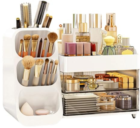 EUBSWA Organizador de cosméticos con 3 cajones, gran almacenamiento y portátil – Caja de almacenamiento de maquillaje para escritorio, viaje y baño, ideal para amantes del maquillaje y profesionales