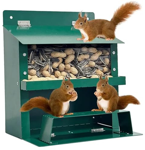 Alimentador de Ardillas Casa de Ardillas de Metal de 9 × 8 × 6 Pulgadas con Ventana Transparente y Soporte Caja Resistente Plegable para maíz, nueces, maní, Exterior