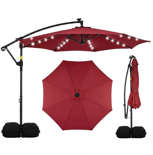 RELAX4LIFE Ombrellone da Giardino 3x3M con 32 Luci LED, Rotazione a 360°, Ombrellone da Balcone con Base a Croce e 2 Sacchi di Sabbia, Protezione Solare, per Giardino Terrazzo e Patio (Bordeaux)