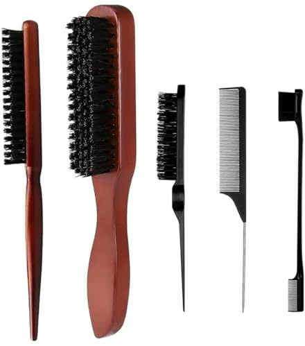 Lot de 5 Brosse Cheveux Poils Sanglier et Brosse Barbe Brosse Plaquage | Homme, Femme, Coiffure, Lissage, Boucles, Peigne, Bois, Plastique, qualite, Solid, Pratique, Robuste, Compact, Ergonomique