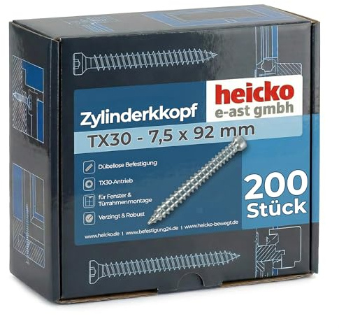 heicko Fensterrahmenschraube 7,5x92 mm Zylinderkopf TX30 mm| 200 Stück | Betonschrauben Montageschraube ohne Dübel | verzinkt blau