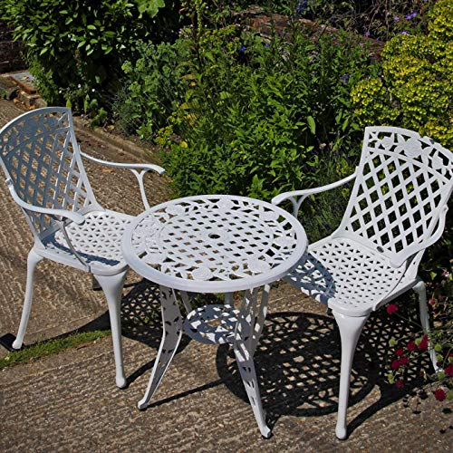 Lazy Susan - Rose Bistrotisch mit 2 Stühlen | Rundes Gartenmöbel Set aus Metall | Weiß | Emma Stühle, Terrakotta Kissen | 3 Jahre Garantie