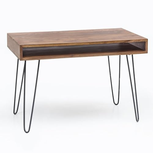 Wohnling Schreibtisch BAGLI braun 110 x 60 x 76 cm Massiv Holz Laptoptisch Sheesham Natur, Landhaus-Stil Arbeitstisch mit 1 Ablage-Fach, Bürotisch PC-Tisch